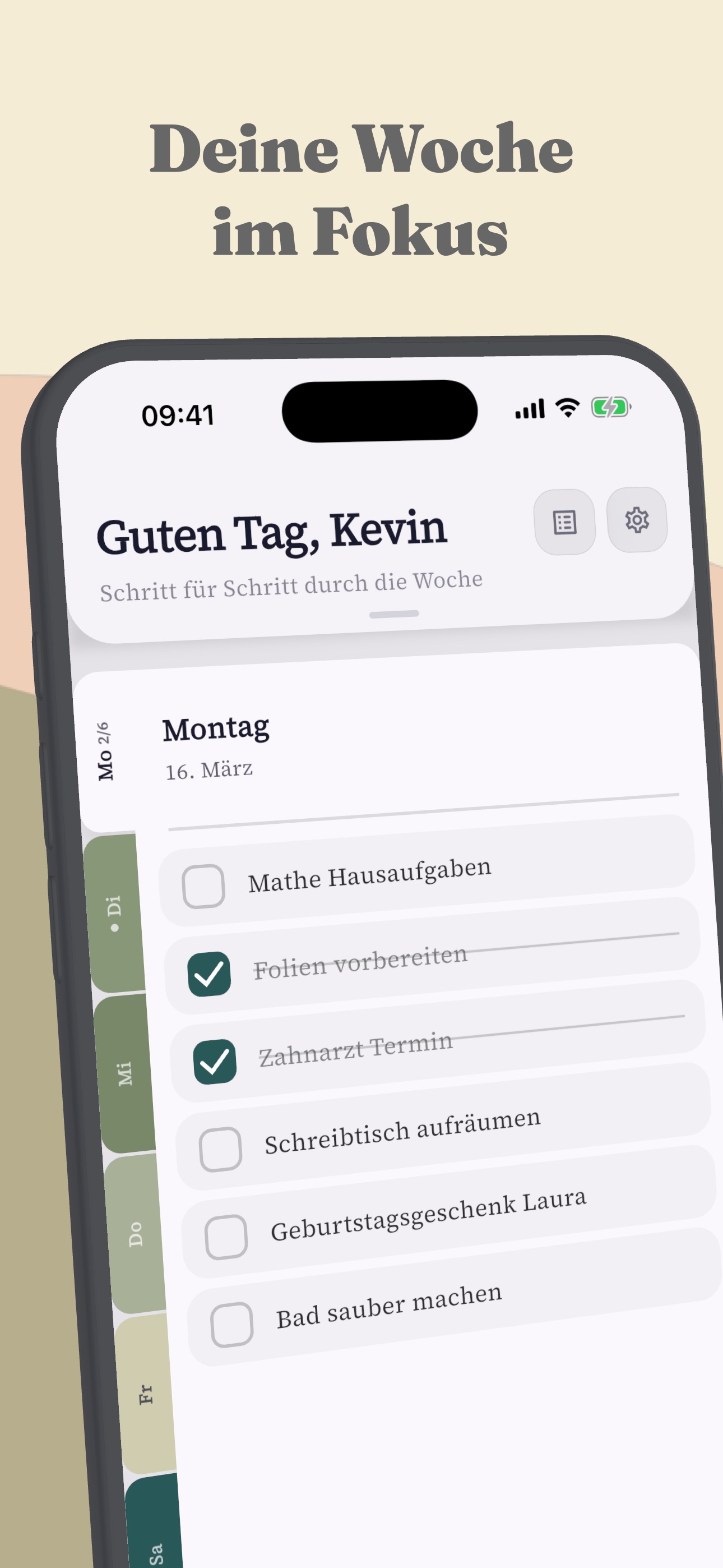 oneWeek: Wochenübersicht mit Aufgaben für jeden Tag